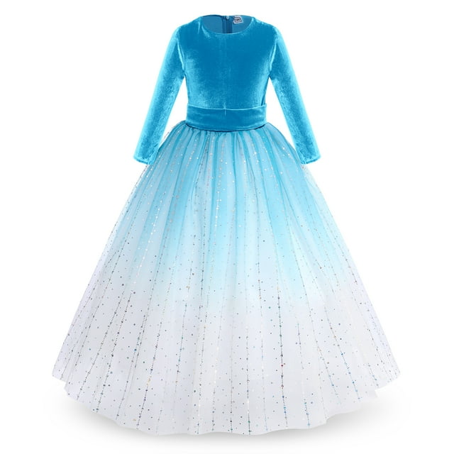 IBTOM CASTLE Flower Girl Velvet Floral Gradient Sequins Dress for Kids Wedding Bridesmaid Pageant Communion Formal Princess Puffy Gown 11-12 Years Sky Blue Sequins
