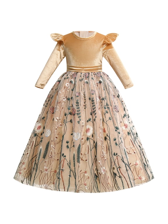Flower Girl Velvet Floral Gradient Sequins Dress for Kids Wedding Bridesmaid Pageant Communion Formal Princess Puffy Gown 7-8 Years Champagne Floral