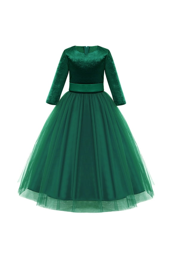 Flower Girl Velvet Floral Gradient Sequins Dress for Kids Wedding Bridesmaid Pageant Communion Formal Princess Puffy Gown 7-8 Years Green