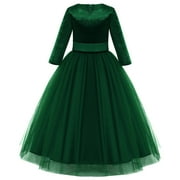 IBTOM CASTLE Flower Girl Velvet Floral Gradient Sequins Dress for Kids Wedding Bridesmaid Pageant Communion Formal Princess Puffy Gown 7-8 Years Green