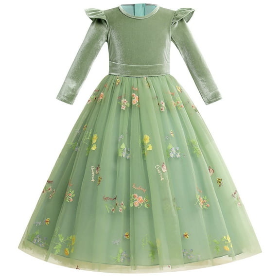 IBTOM CASTLE Flower Girl Velvet Floral Gradient Sequins Dress for Kids Wedding Bridesmaid Pageant Communion Formal Princess Puffy Gown 7-8 Years Sage Green Floral