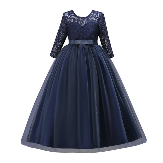 IBTOM CASTLE Flower Girls 3/4 Sleeve Deep V-Back Tulle Vintage Lace Wedding Party Long Dress Formal Princess Communion Pageant Maxi Gown 7-8 Years Navy Blue