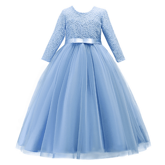 IBTOM CASTLE Flower Girls 3/4 Sleeve Deep V-Back Tulle Vintage Lace Wedding Party Long Dress Formal Princess Communion Pageant Maxi Gown 9-10 Years Sky Blue