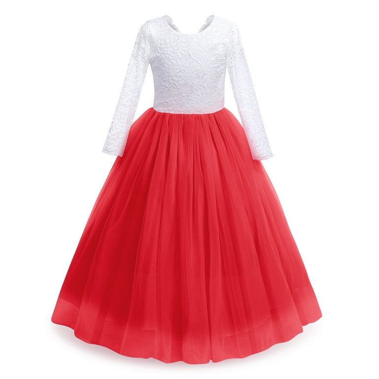 IBTOM CASTLE Flower Girls 3/4 Sleeve Deep V-Back Tulle Vintage Lace Wedding  Party Long Dress Princess Communion Pageant Maxi Gown 11-12 Years Red 