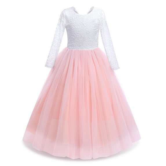 IBTOM CASTLE Flower Girls 3/4 Sleeve Deep V-Back Tulle Vintage Lace Wedding Party Long Dress Princess Communion Pageant Maxi Gown 5-6 Years Pink