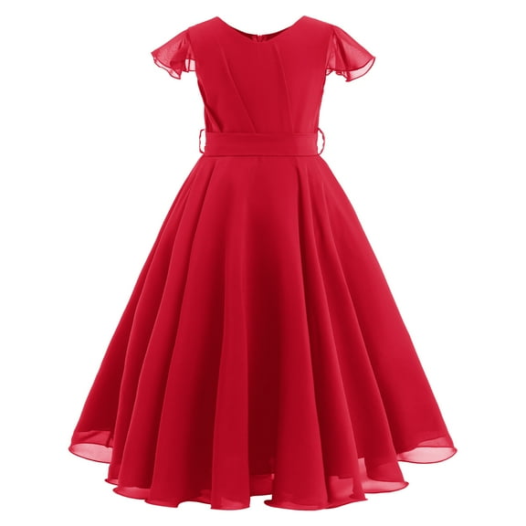 IBTOM CASTLE Flower Girls Chiffon A-line Party Dresses Wedding Junior Bridesmaid Princess Pageant Communion Maxi Gowns 3-4 Years Red