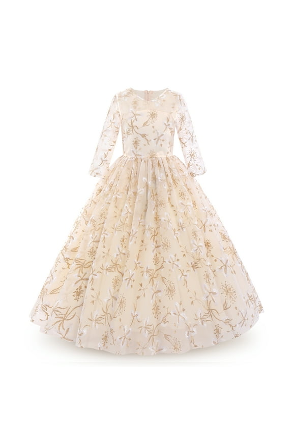 Flower Girls Dress Vintage Floral Lace Embroidered 3/4 Sleeves Maxi Dresses Wedding Princess Party Communion Evening Formal Dance Gown 2-3 Years Champagne