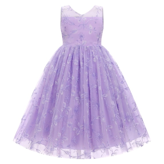 IBTOM CASTLE Flower Girls Dress for Wedding Round Neck Sleeveless Floral Embroidered Ruffle Tulle Dress Birthday Party Princess Pageant Gown with Bowknot 13-14 Years Purple