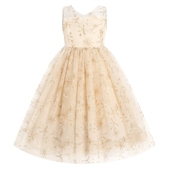 IBTOM CASTLE Flower Girls Dress for Wedding Round Neck Sleeveless Floral Embroidered Ruffle Tulle Dress Birthday Party Princess Pageant Gown with Bowknot 13-14 Years Beige