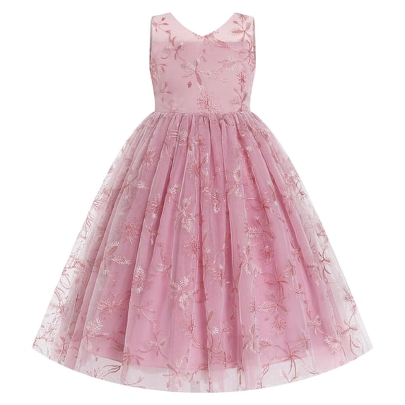 IBTOM CASTLE Flower Girls Dress for Wedding Round Neck Sleeveless Floral Embroidered Ruffle Tulle Dress Birthday Party Princess Pageant Gown with Bowknot 3-4 Years Pink