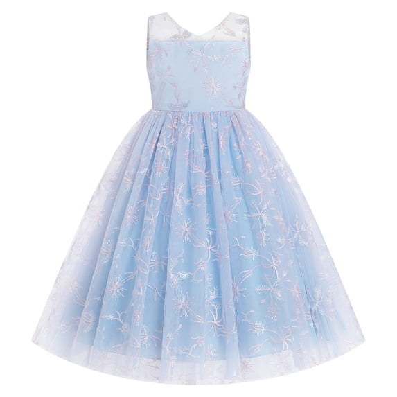 IBTOM CASTLE Flower Girls Dress for Wedding Round Neck Sleeveless Floral Embroidered Ruffle Tulle Dress Birthday Party Princess Pageant Gown with Bowknot 4-5 Years Sky Blue