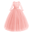 thumbnail image 1 of IBTOM CASTLE Flower Girls Long Floral Boho Lace Wedding Bridesmaid Dress 3/4 Sleeves Princess Puffy Maxi Tulle Pageant Formal Party Gowns 11-12 Years Pink, 1 of 8
