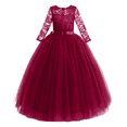 thumbnail image 1 of IBTOM CASTLE Flower Girls Long Floral Boho Lace Wedding Bridesmaid Dress 3/4 Sleeves Princess Puffy Maxi Tulle Pageant Formal Party Gowns 13-14 Years Wine Red, 1 of 8