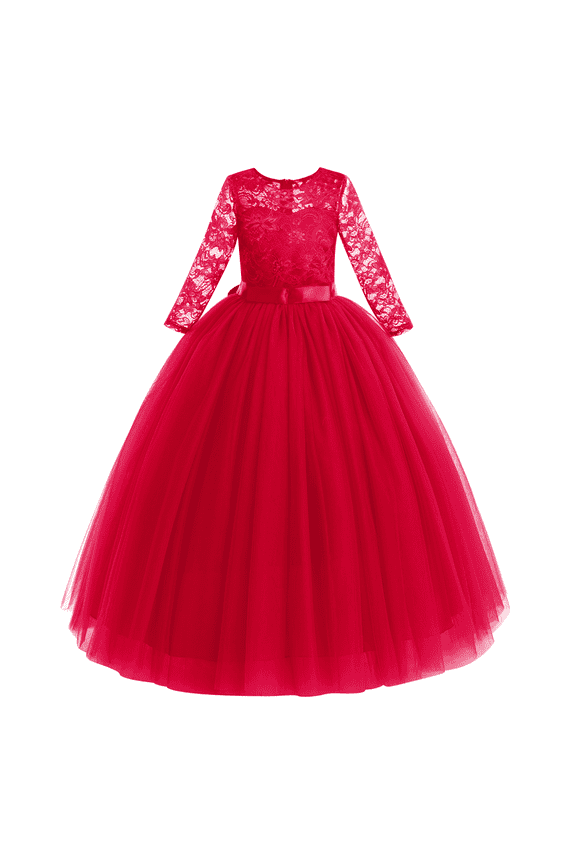 Flower Girls Long Floral Boho Lace Wedding Bridesmaid Dress 3/4 Sleeves Princess Puffy Maxi Tulle Pageant Formal Party Gowns 13-14 Years Red