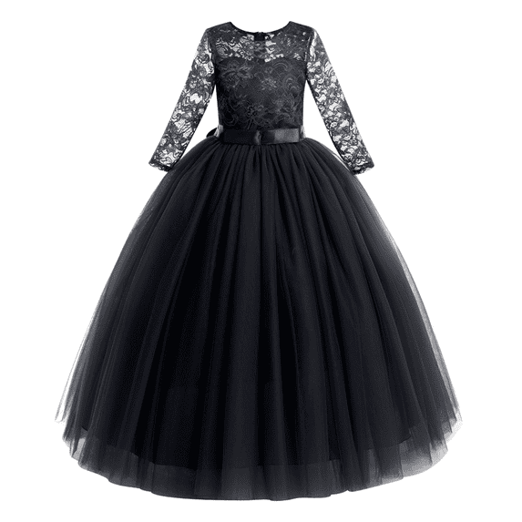 IBTOM CASTLE Flower Girls Long Floral Boho Lace Wedding Bridesmaid Dress 3/4 Sleeves Princess Puffy Maxi Tulle Pageant Formal Party Gowns 2-3 Years Black