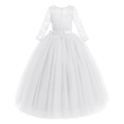 IBTOM CASTLE Flower Girls Long Floral Boho Lace Wedding Bridesmaid Dress 3/4 Sleeves Princess Puffy Maxi Tulle Pageant Formal Party Gowns 2-3 Years White