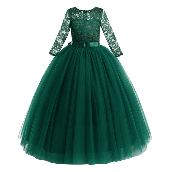 IBTOM CASTLE Flower Girls Long Floral Boho Lace Wedding Bridesmaid Dress 3/4 Sleeves Princess Puffy Maxi Tulle Pageant Formal Party Gowns 5-6 Years Green