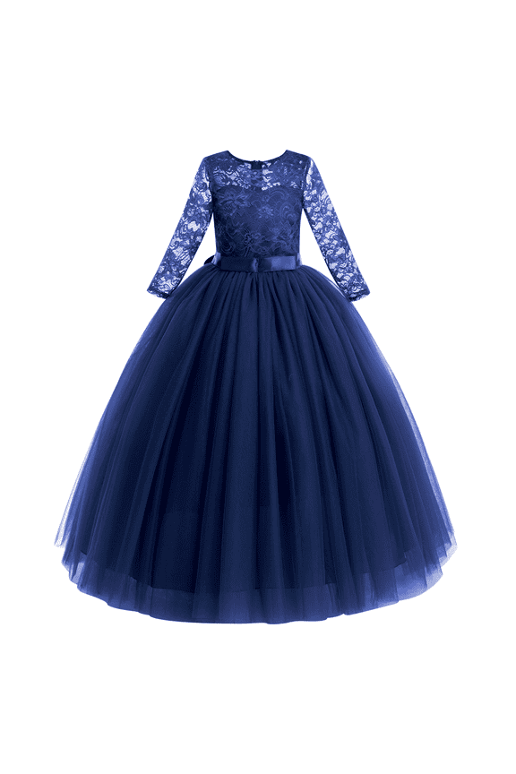 Flower Girls Long Floral Boho Lace Wedding Bridesmaid Dress 3/4 Sleeves Princess Puffy Maxi Tulle Pageant Formal Party Gowns 5-6 Years Navy Blue