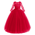 thumbnail image 1 of IBTOM CASTLE Flower Girls Long Floral Boho Lace Wedding Bridesmaid Dress 3/4 Sleeves Princess Puffy Maxi Tulle Pageant Formal Party Gowns 5-6 Years Red, 1 of 8