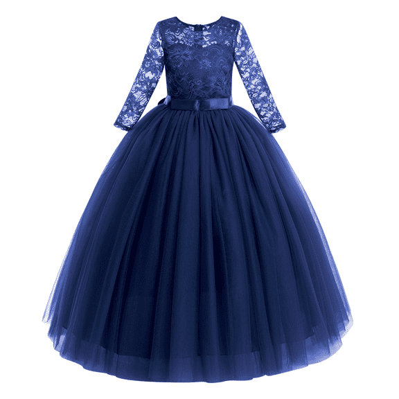 IBTOM CASTLE Flower Girls Long Floral Boho Lace Wedding Bridesmaid Dress 3/4 Sleeves Princess Puffy Maxi Tulle Pageant Formal Party Gowns 7-8 Years Navy Blue
