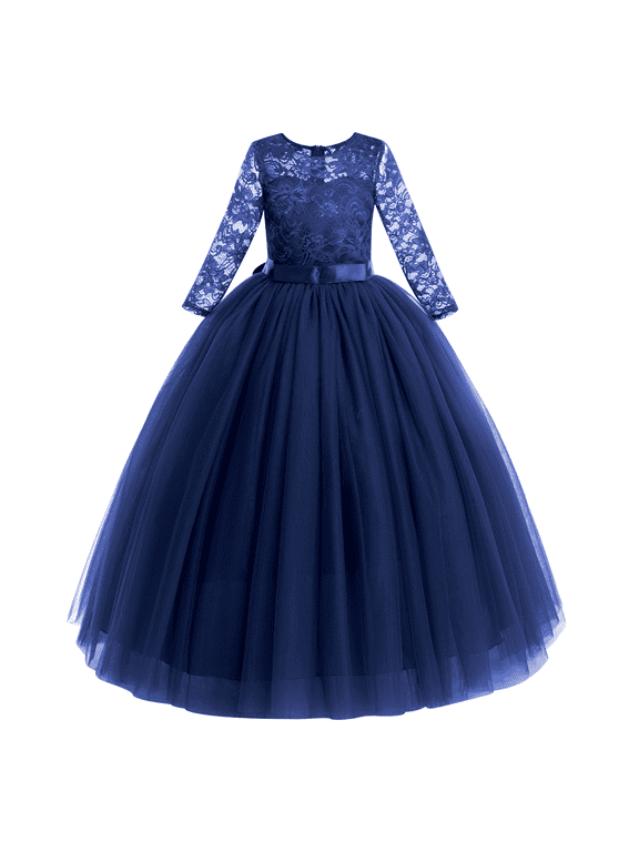 Flower Girls Long Floral Boho Lace Wedding Bridesmaid Dress 3/4 Sleeves Princess Puffy Maxi Tulle Pageant Formal Party Gowns 7-8 Years Navy Blue