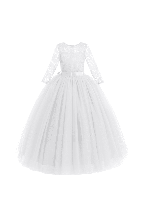 Flower Girls Long Floral Boho Lace Wedding Bridesmaid Dress 3/4 Sleeves Princess Puffy Maxi Tulle Pageant Formal Party Gowns 9-10 Years White