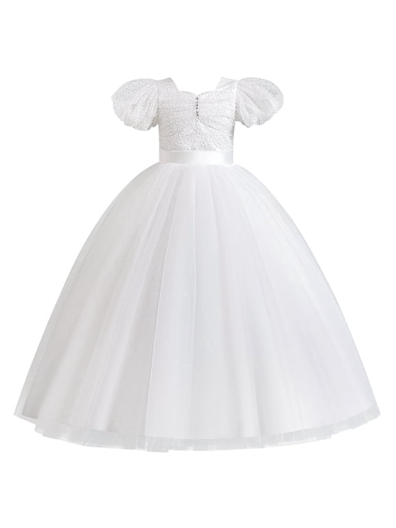 Flower Girls Sequin Lace-up Bow Dress for Kid Wedding Bridesmaid Pageant Party Formal Long Gown Communion Tulle Dresses 11-12 Years White