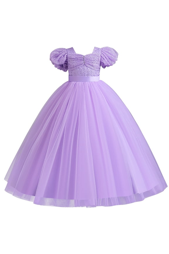 Flower Girls Sequin Lace-up Bow Dress for Kid Wedding Bridesmaid Pageant Party Formal Long Gown Communion Tulle Dresses 13-14 Years Purple