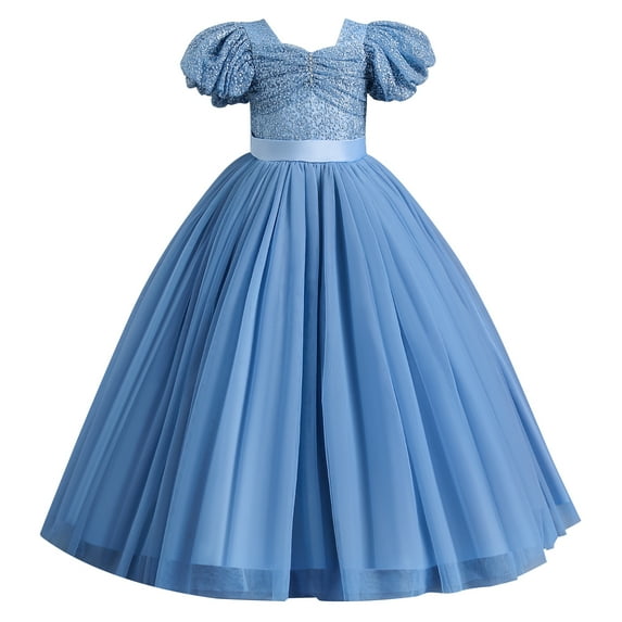 IBTOM CASTLE Flower Girls Sequin Lace-up Bow Dress for Kid Wedding Bridesmaid Pageant Party Formal Long Gown Communion Tulle Dresses 13-14 Years Blue