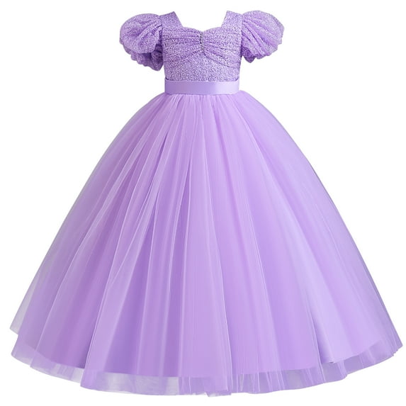 IBTOM CASTLE Flower Girls Sequin Lace-up Bow Dress for Kid Wedding Bridesmaid Pageant Party Formal Long Gown Communion Tulle Dresses 5-6 Years Purple