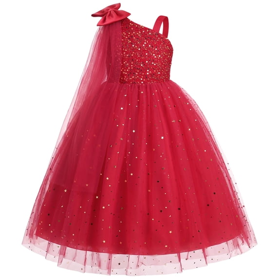 IBTOM CASTLE Flower Girls Sparkly Pageant Tulle Dress Toddler Kids Shiny Sequin One Shoulder Ankle Length Ball Gown for Birthday Party Wedding Graduation Red