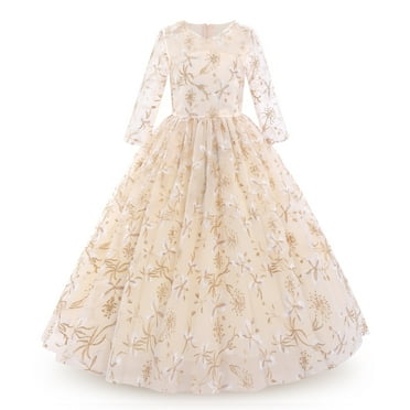 IBTOM CASTLE Flower Girls Vintage Floral Boho Lace 3/4 Sleeves Princess Maxi Dress Wedding Birthday Party Communion Evening Formal Prom Dance Gown 5-6 Years Champagne