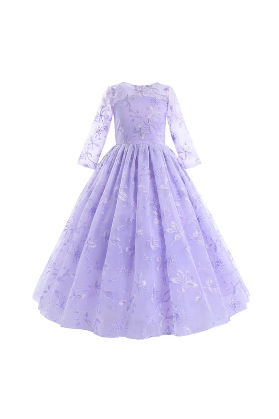 Flower Girls Dress Vintage Floral Lace Embroidered 3/4 Sleeves Maxi Dresses Wedding Princess Party Communion Evening Formal Dance Gown 7-8 Years Light Purple