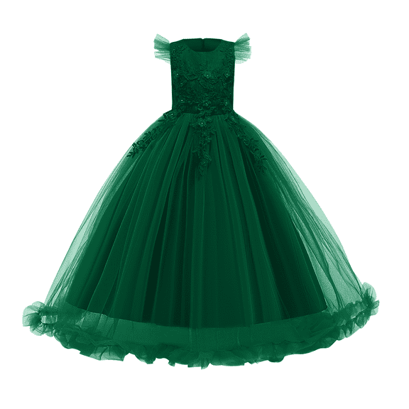 IBTOM CASTLE Flower Little Big Girls Maxi Dress Bridesmaid Wedding Pageant Party Princess Communion Floral Boho Vintage Lace Dance Gown 11-12 Years Dark Green