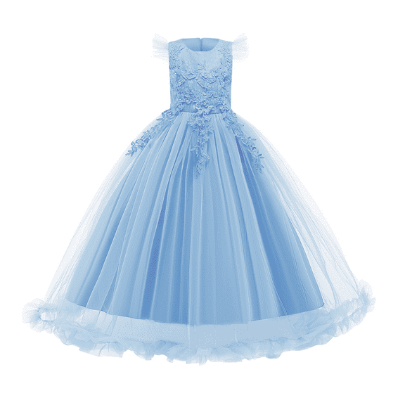 IBTOM CASTLE Flower Little Big Girls Maxi Dress Bridesmaid Wedding Pageant Party Princess Communion Floral Boho Vintage Lace Dance Gown 11-12 Years Light Blue