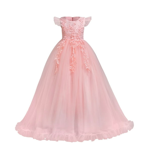 IBTOM CASTLE Flower Little Big Girls Maxi Dress Bridesmaid Wedding Pageant Party Princess Communion Floral Boho Vintage Lace Dance Gown 11-12 Years Pink