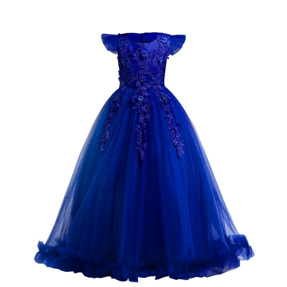 IBTOM CASTLE Flower Little Big Girls Maxi Dress Bridesmaid Wedding Pageant Party Princess Communion Floral Boho Vintage Lace Dance Gown 11-12 Years Royal Blue