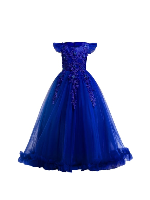 Flower Little Big Girls Maxi Dress Bridesmaid Wedding Pageant Party Princess Communion Floral Boho Vintage Lace Dance Gown 11-12 Years Royal Blue