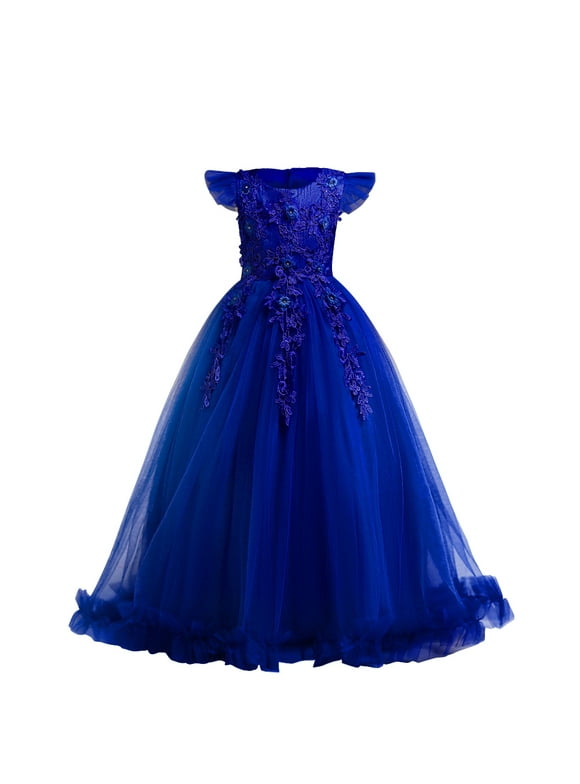 Flower Little Big Girls Maxi Dress Bridesmaid Wedding Pageant Party Princess Communion Floral Boho Vintage Lace Dance Gown 11-12 Years Royal Blue