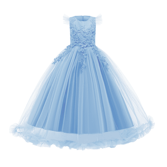 IBTOM CASTLE Flower Little Big Girls Maxi Dress Bridesmaid Wedding Pageant Party Princess Communion Floral Boho Vintage Lace Dance Gown 13-14 Years Light Blue