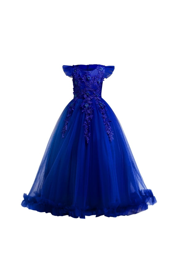 Flower Little Big Girls Maxi Dress Bridesmaid Wedding Pageant Party Princess Communion Floral Boho Vintage Lace Dance Gown 13-14 Years Royal Blue