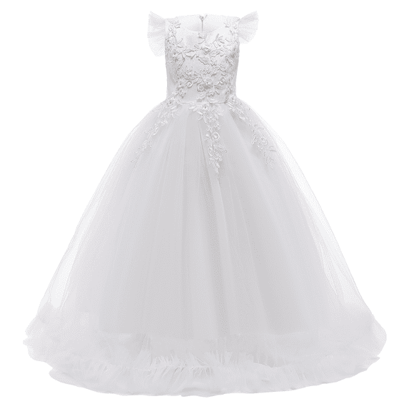IBTOM CASTLE Flower Little Big Girls Maxi Dress Bridesmaid Wedding Pageant Party Princess Communion Floral Boho Vintage Lace Dance Gown 13-14 Years White