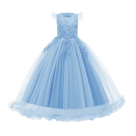 IBTOM CASTLE Flower Little Big Girls Maxi Dress Bridesmaid Wedding Pageant Party Princess Communion Floral Boho Vintage Lace Dance Gown 5-6 Years Light Blue