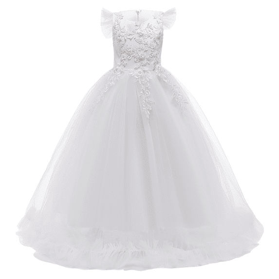 IBTOM CASTLE Flower Little Big Girls Maxi Dress Bridesmaid Wedding Pageant Party Princess Communion Floral Boho Vintage Lace Dance Gown 5-6 Years White