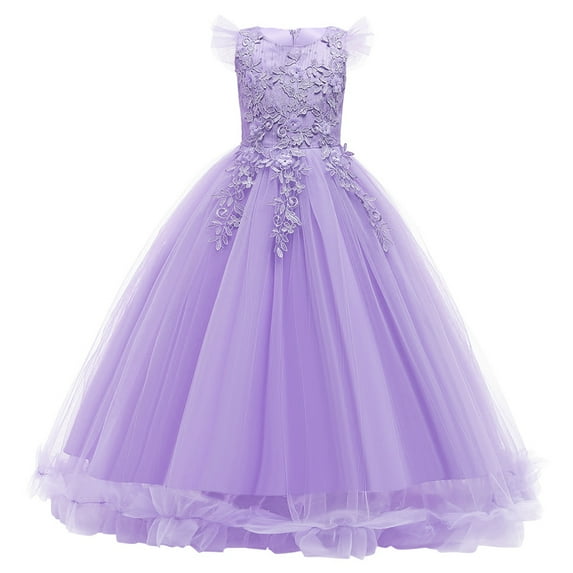 IBTOM CASTLE Flower Little Big Girls Maxi Dress Bridesmaid Wedding Pageant Party Princess Communion Floral Boho Vintage Lace Dance Gown 6-7 Years Light Purple