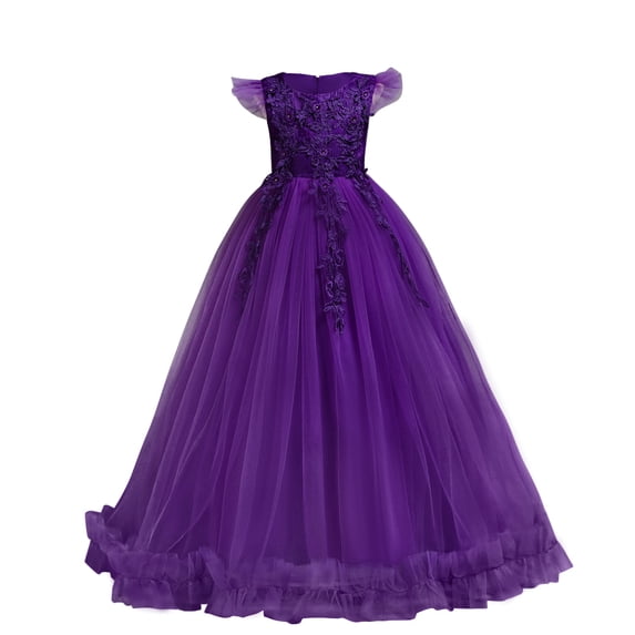 IBTOM CASTLE Flower Little Big Girls Maxi Dress Bridesmaid Wedding Pageant Party Princess Communion Floral Boho Vintage Lace Dance Gown 6-7 Years Purple