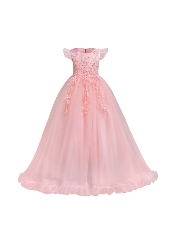 Flower Little Big Girls Maxi Dress Bridesmaid Wedding Pageant Party Princess Communion Floral Boho Vintage Lace Dance Gown 7-8 Years Pink