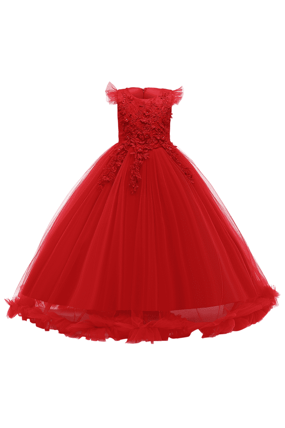 Flower Little Big Girls Maxi Dress Bridesmaid Wedding Pageant Party Princess Communion Floral Boho Vintage Lace Dance Gown 7-8 Years Red