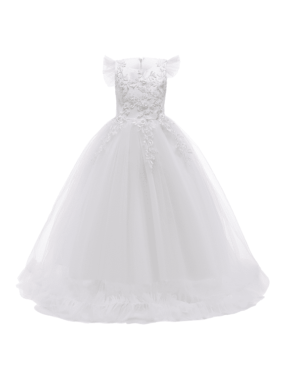 Flower Little Big Girls Maxi Dress Bridesmaid Wedding Pageant Party Princess Communion Floral Boho Vintage Lace Dance Gown 7-8 Years White