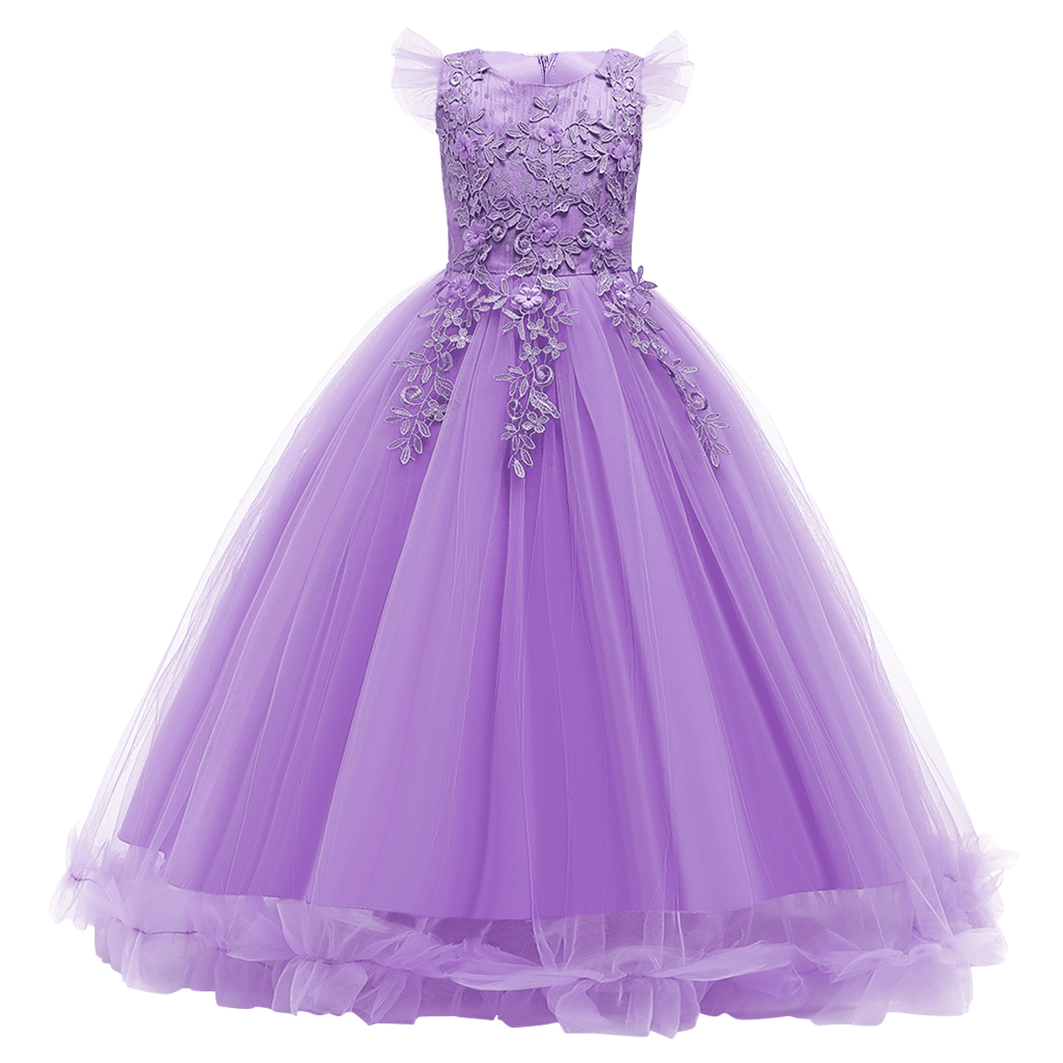 Abito Lungo Bambina Maxi Dress Per Matrimonio E Cerimonia - Spalline, Vita Alta, Fiori 3D